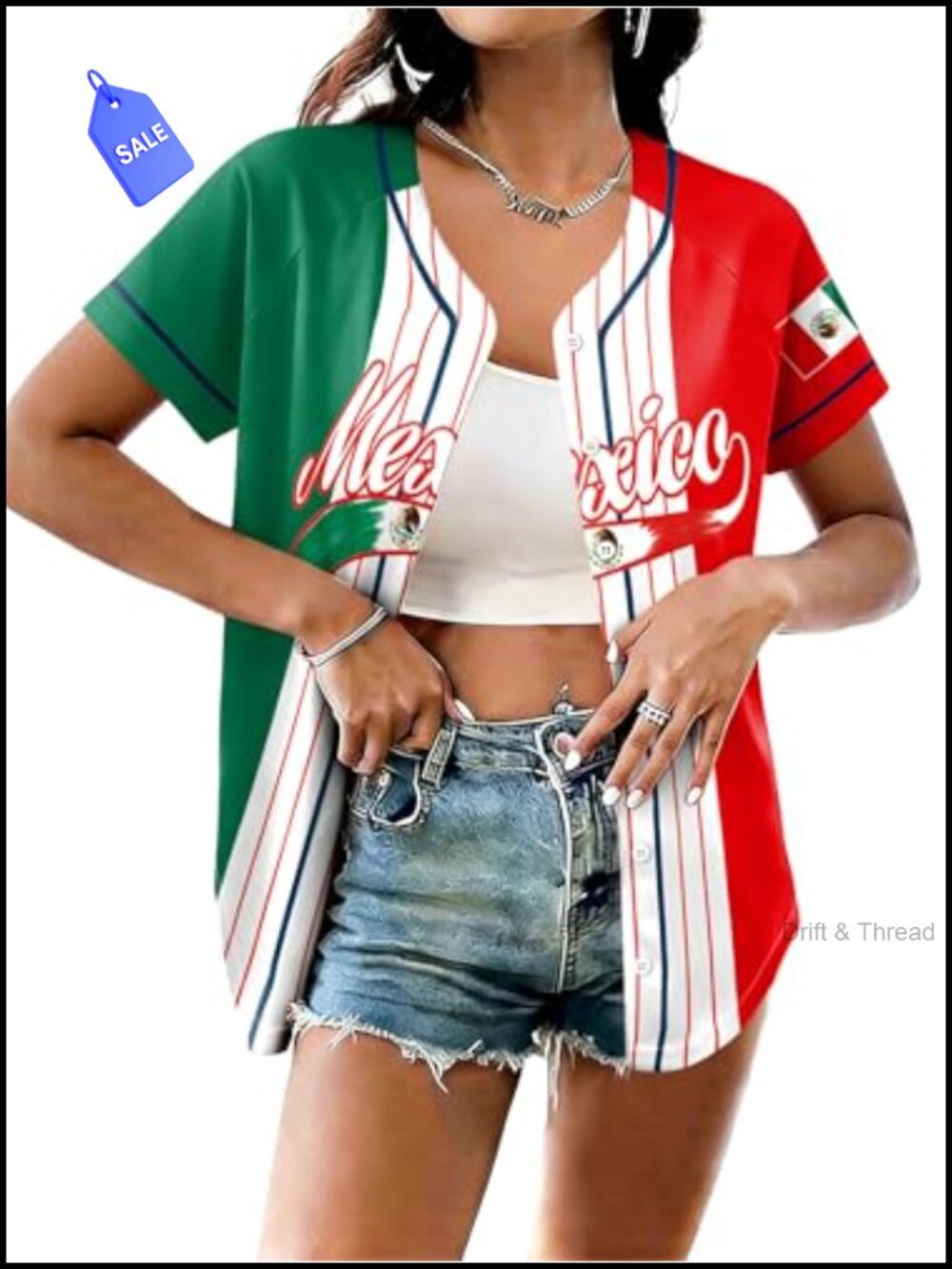 Women's Mexico Soccer Jersey Button Down V-Neck Short Sleeve Mesh